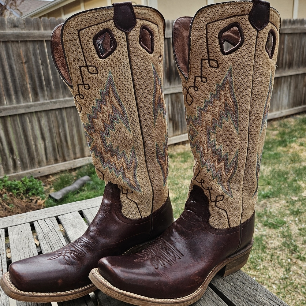 Women's Nacona Brown Leather Western Cowboy Boots Embroidered Fabric Shaft 8.5